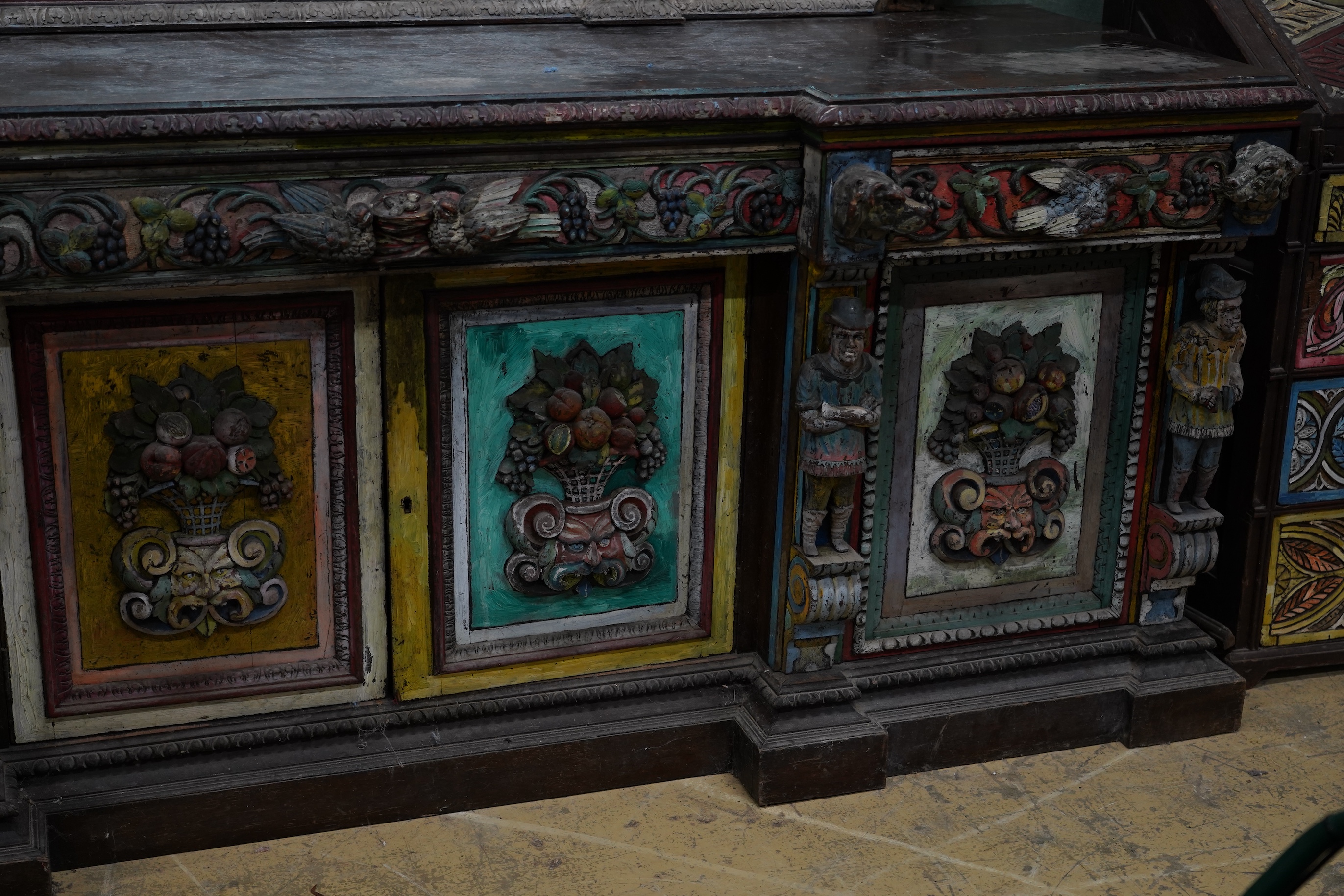 John Bratby (1928-1992): A monumental mirror backed buffet sideboard, polychrome decorated by the artist